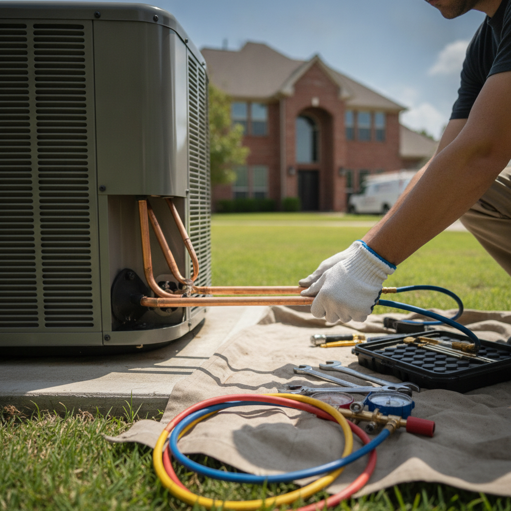A technician carefully installing a new energy-efficient furnace system inside a clean home utility closet.