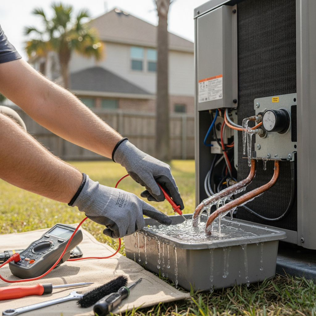 Close-up of a licensed technician using professional gauges to check refrigerant levels on a residential AC unit in Houston.