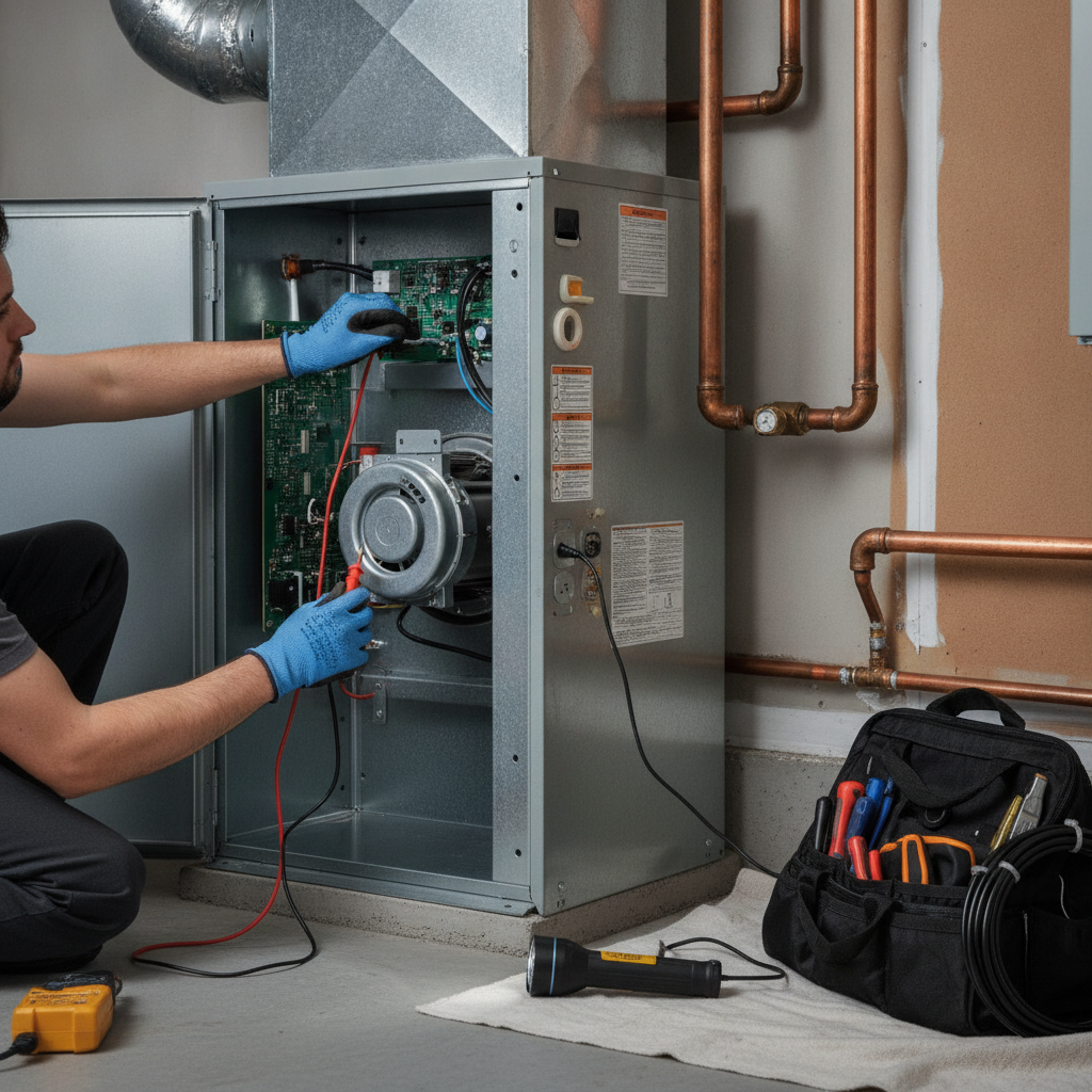 An experienced HVAC technician carefully testing electrical connections inside a home's indoor heating and cooling system with a digital multimeter.