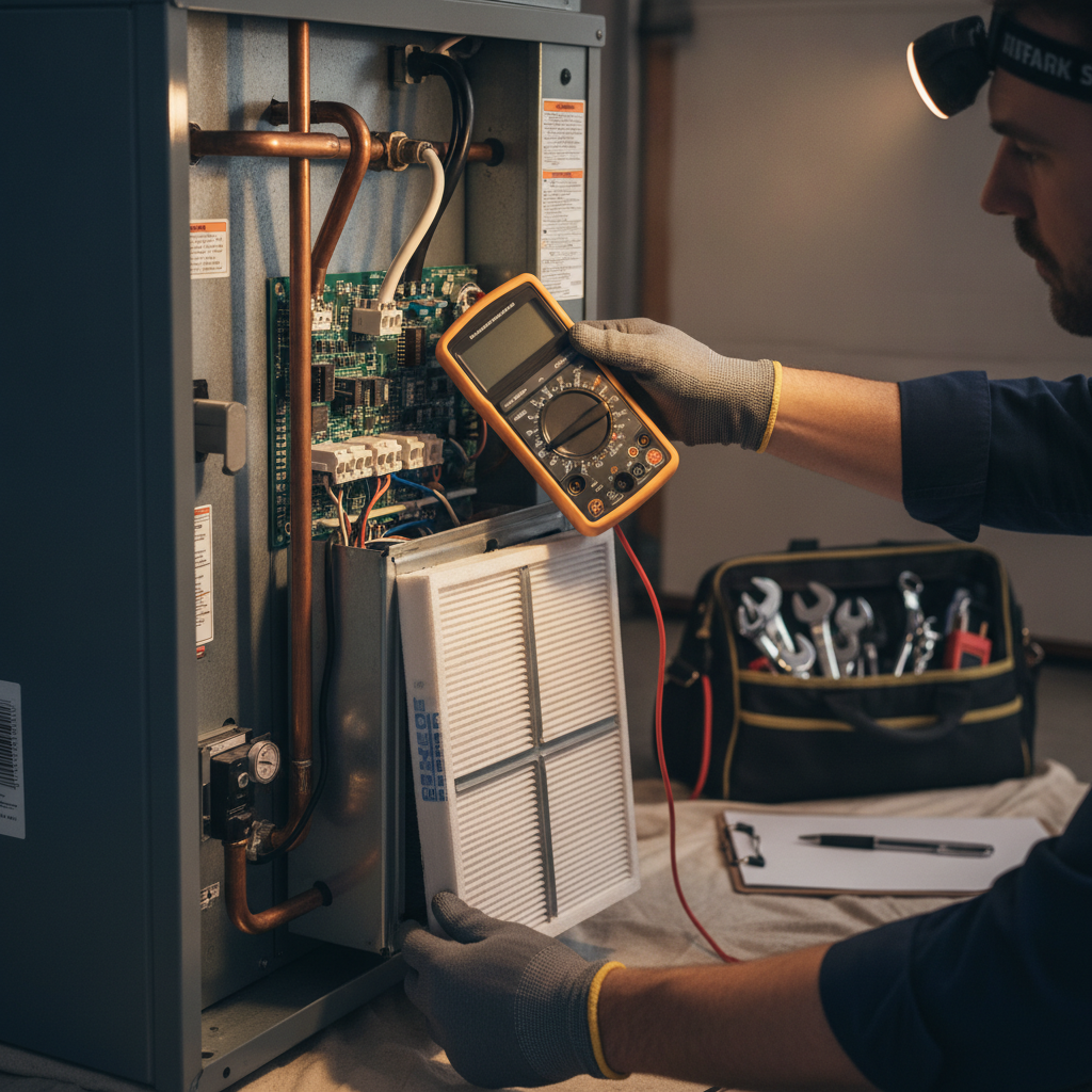 A close-up of a licensed technician carefully repairing the electrical components of an indoor HVAC air handler system.