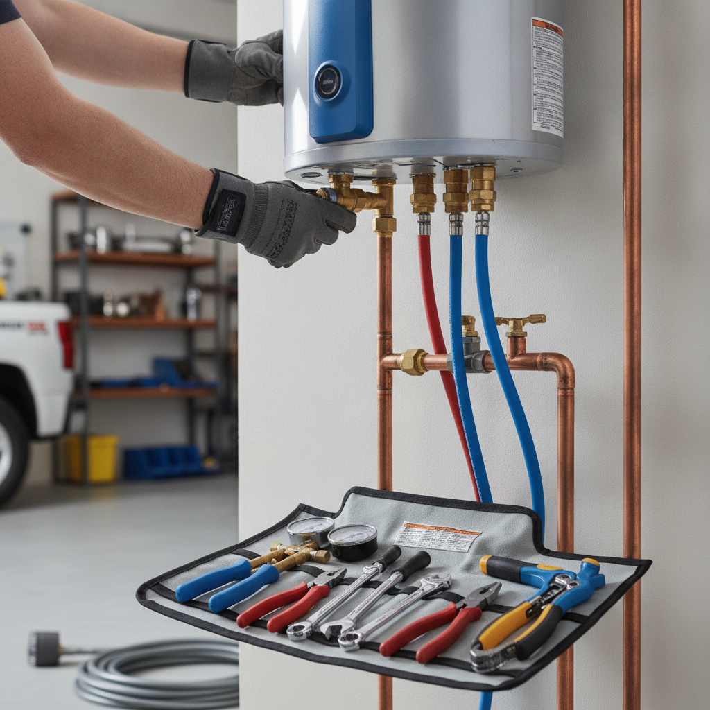 A close-up of a newly installed water heater system with clean copper pipe connections in a Seattle home basement.