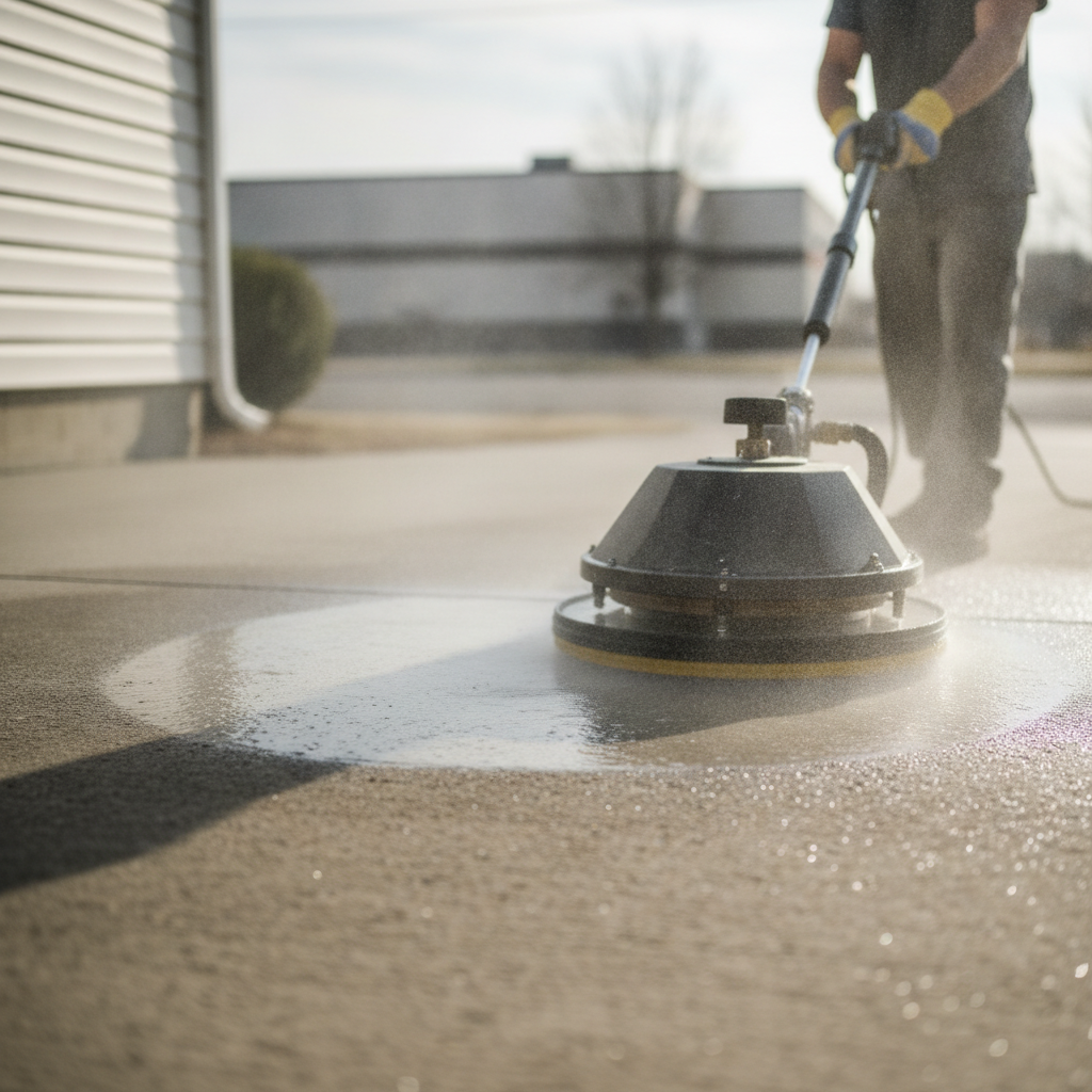 Before and after comparison of a dirty concrete walkway being restored to a bright, clean finish using professional pressure washing equipment.
