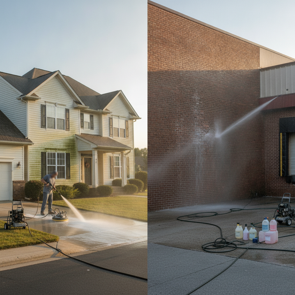 A professional technician using a surface cleaner attachment to pressure wash a concrete driveway in a Tampa residential neighborhood, showing a clear contrast between the clean and dirty sections.