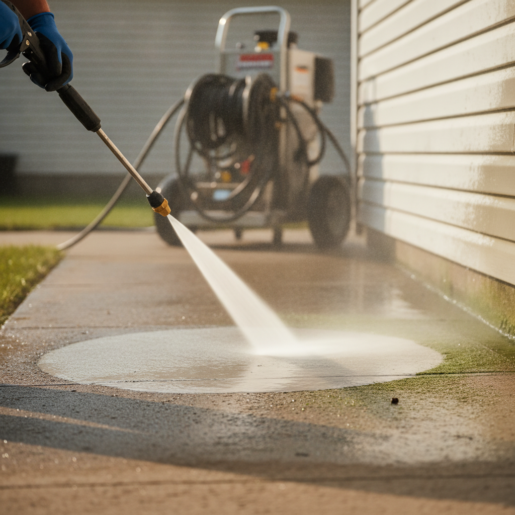 A clean, bright concrete driveway leading up to a beautiful Tampa home, free of dark algae stains and dirt buildup.