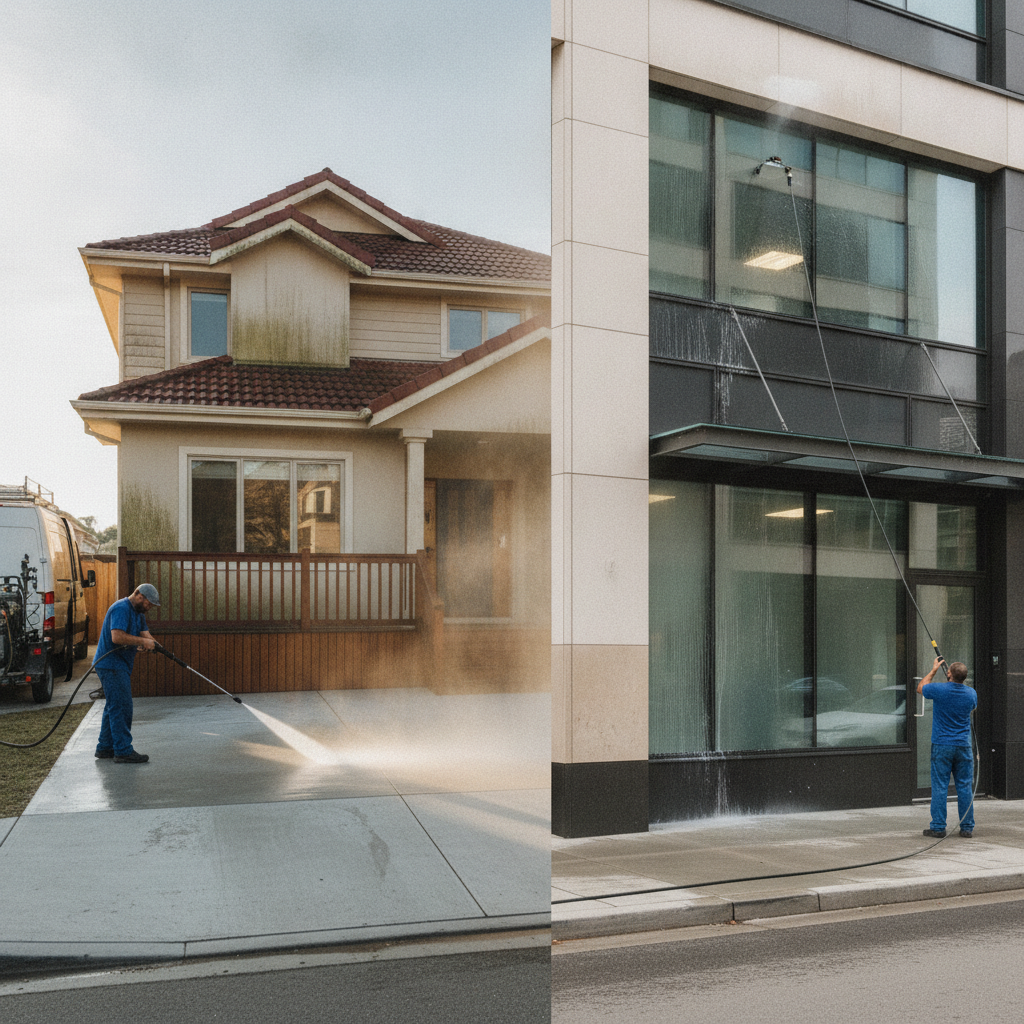 A professional pressure washing technician cleaning a dirty concrete driveway in a Tampa residential neighborhood, showing a clear contrast between the clean and dirty sections.