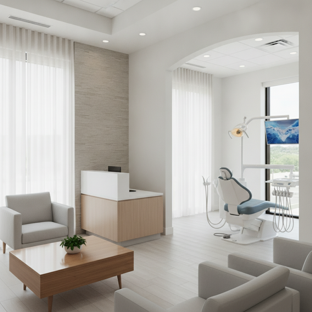 A modern, sunlit dental operatory in Austin with premium leather seating, clean minimalist design, and state-of-the-art clinical equipment.
