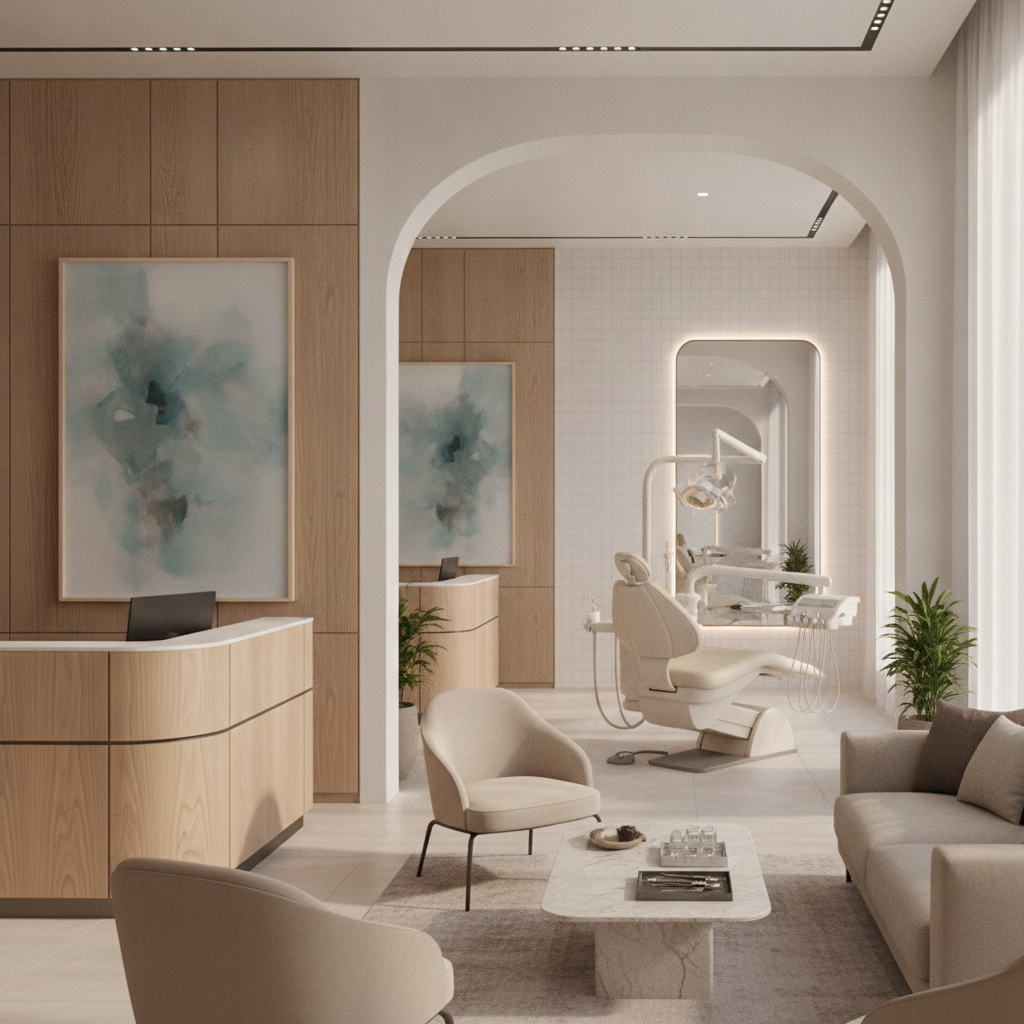 A modern, clean, and premium dental operatory in Austin, Texas, featuring a comfortable patient chair, state-of-the-art digital imaging equipment, and warm, calming lighting.