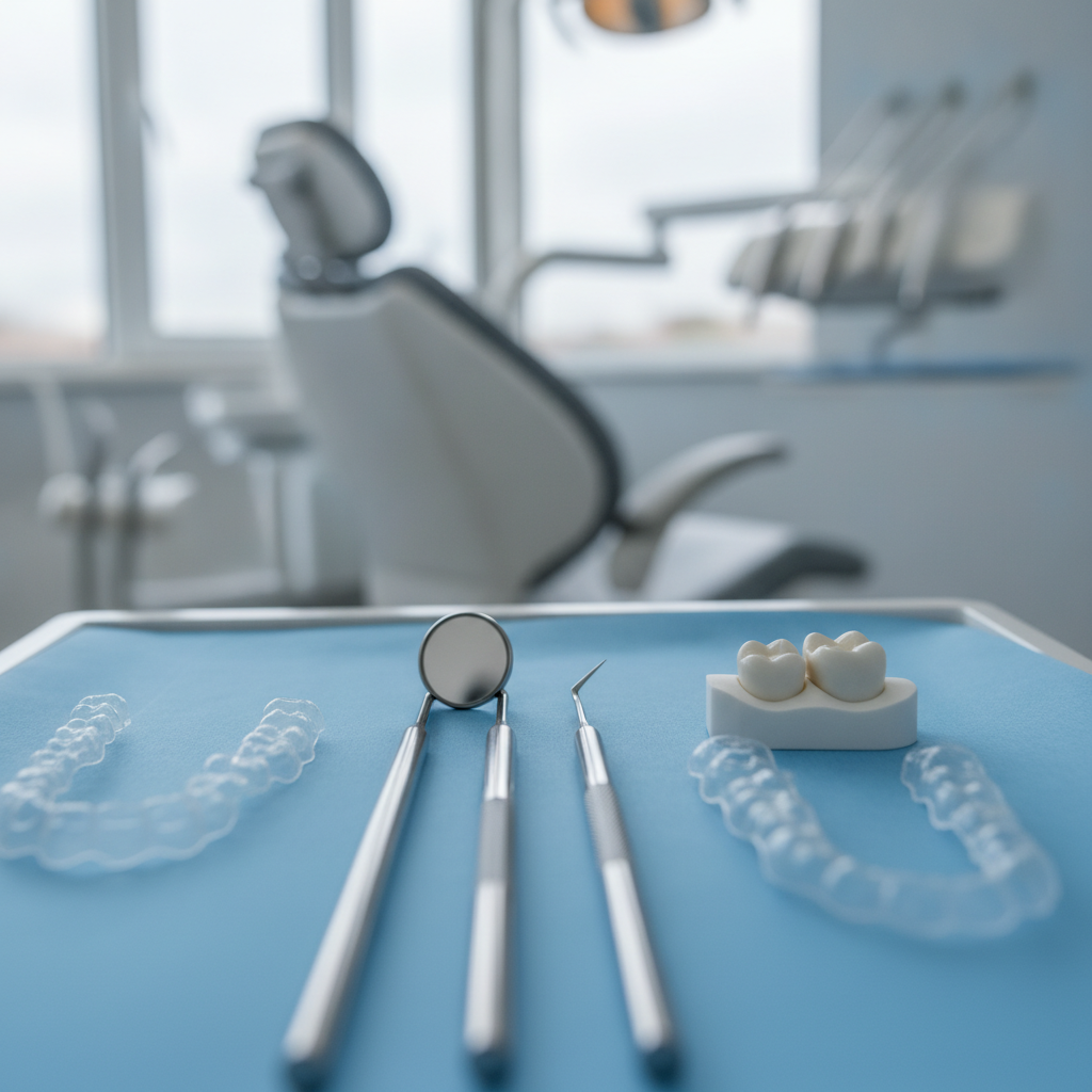 A professional dentist in Austin, TX, calmly explaining digital X-ray results on a high-definition monitor to a relaxed patient in a clinical luxury setting.