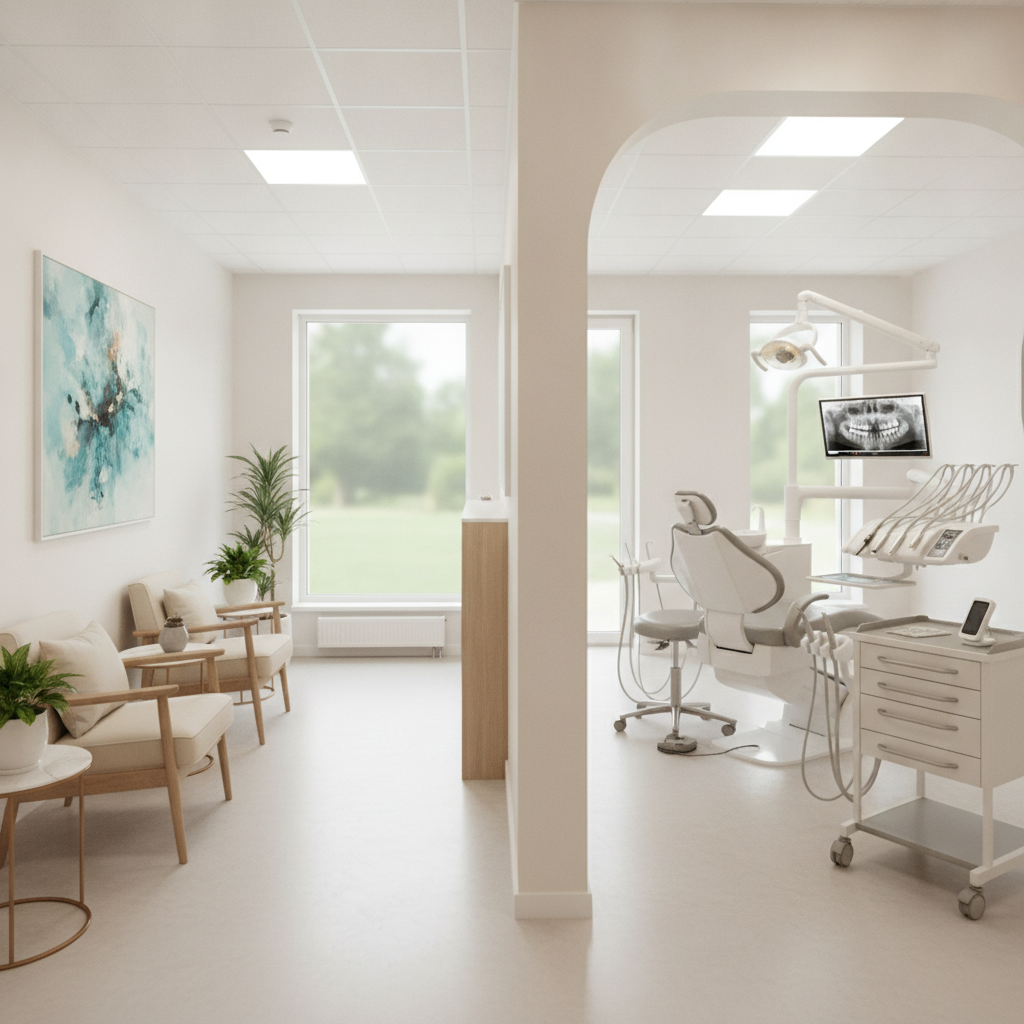A modern, sunlit dental operatory in Austin, TX with clean lines, a comfortable leather patient chair, and state-of-the-art digital imaging equipment in a calm, premium clinical setting.