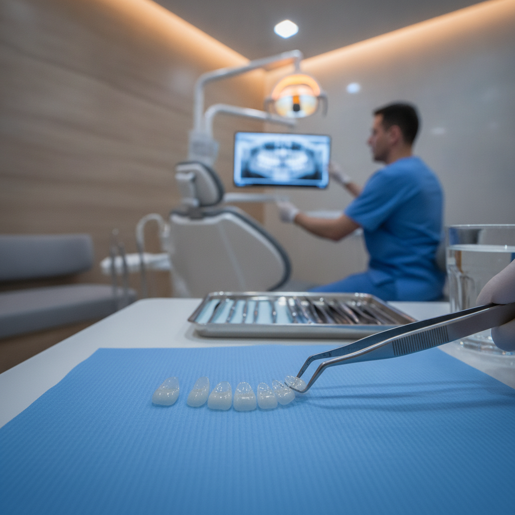 A professional dentist in clean clinical attire explaining a digital dental scan to a patient in a calm, luxury office setting