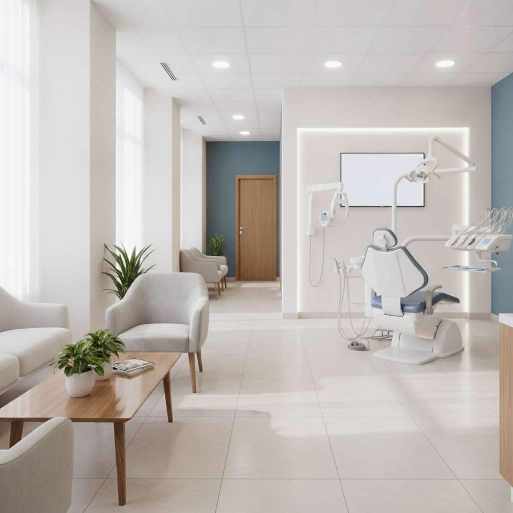 A modern, serene dental office reception area in Austin, featuring warm lighting, minimalist wood accents, and comfortable seating designed to feel like a premium lounge.