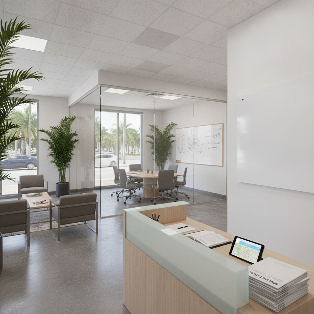 A professional consultation room in a modern office building at 801 Brickell Ave in Miami, FL, with a clean conference table and legal reference books in the background.