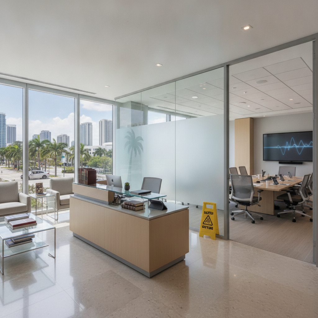 An authoritative professional law office setting on Brickell Avenue in Miami, featuring a polished wooden conference table, legal reference books, and large windows overlooking the Miami skyline.