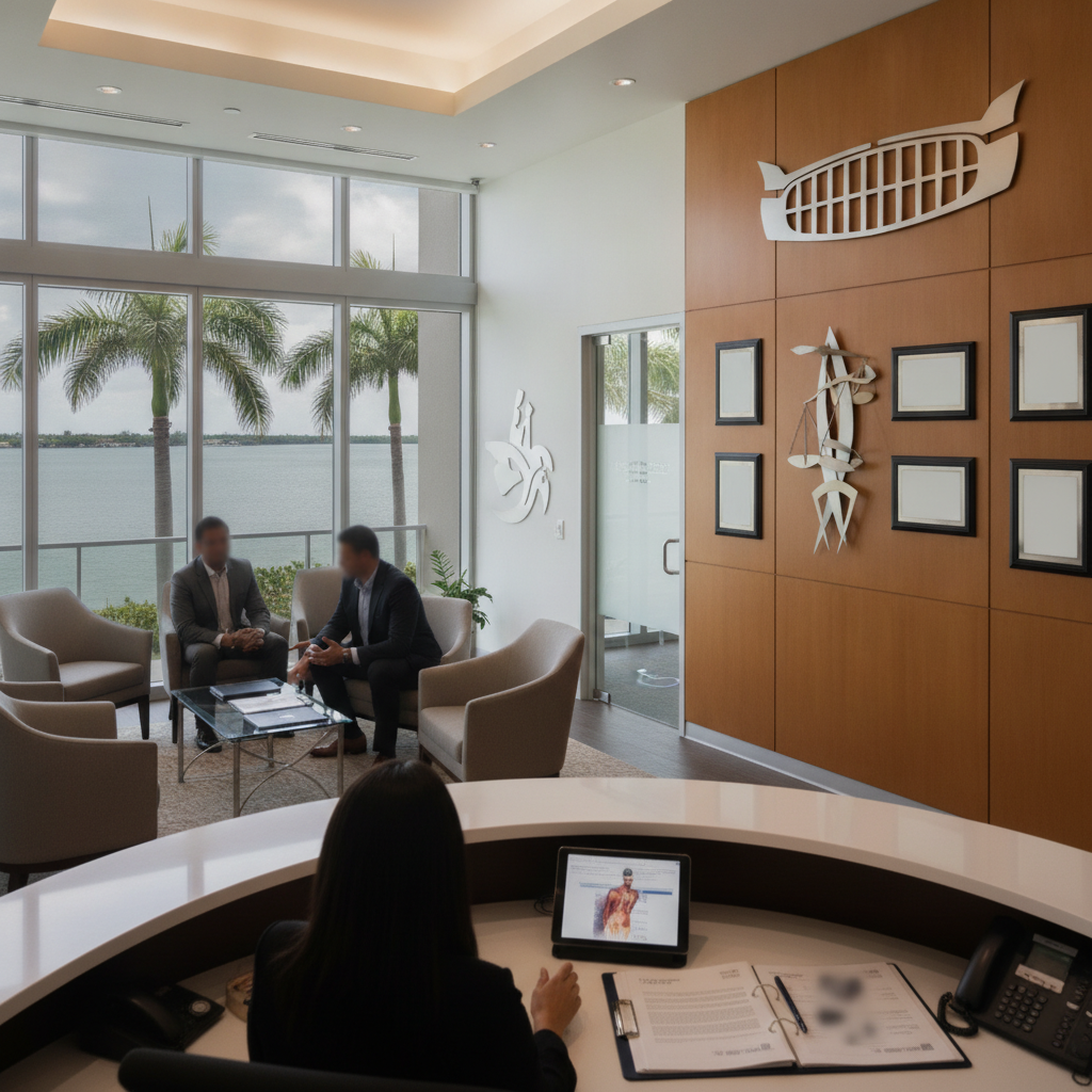 A professional consultation room in a Brickell Ave office in Miami, featuring a clean conference table with legal documents and a view of the Miami skyline through the window.