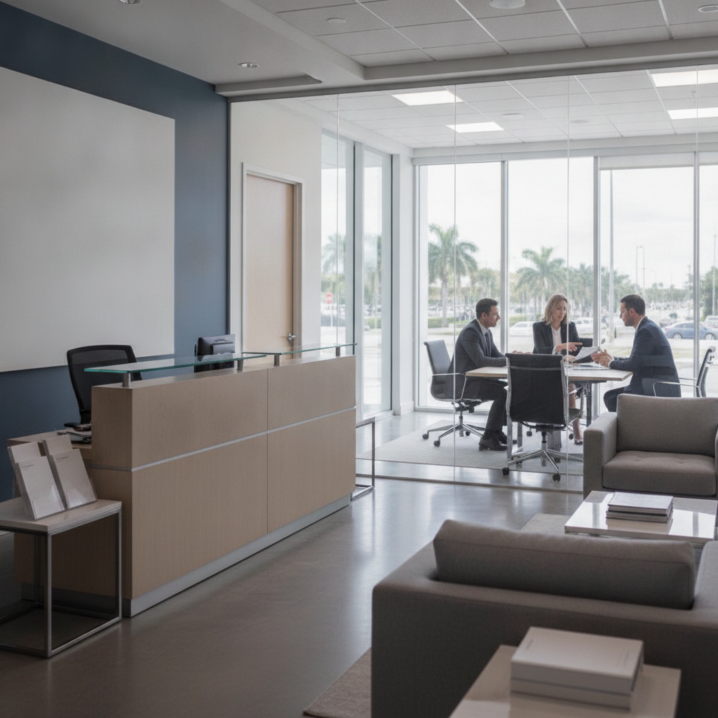 A professional attorney discussing a legal case file with a client in a modern office overlooking Brickell Avenue in Miami, Florida.