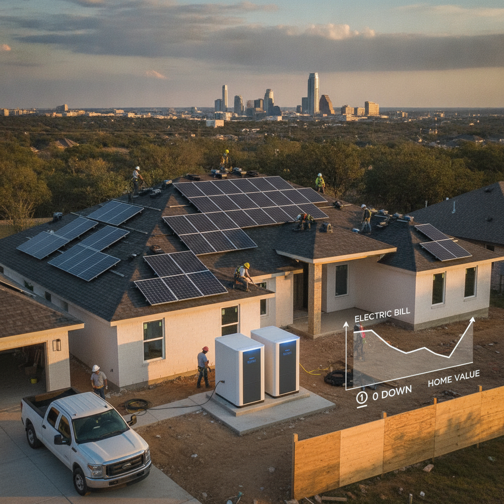 A modern Austin home featuring clean rooftop solar panels and an outdoor-mounted residential backup battery system on a sunny day.