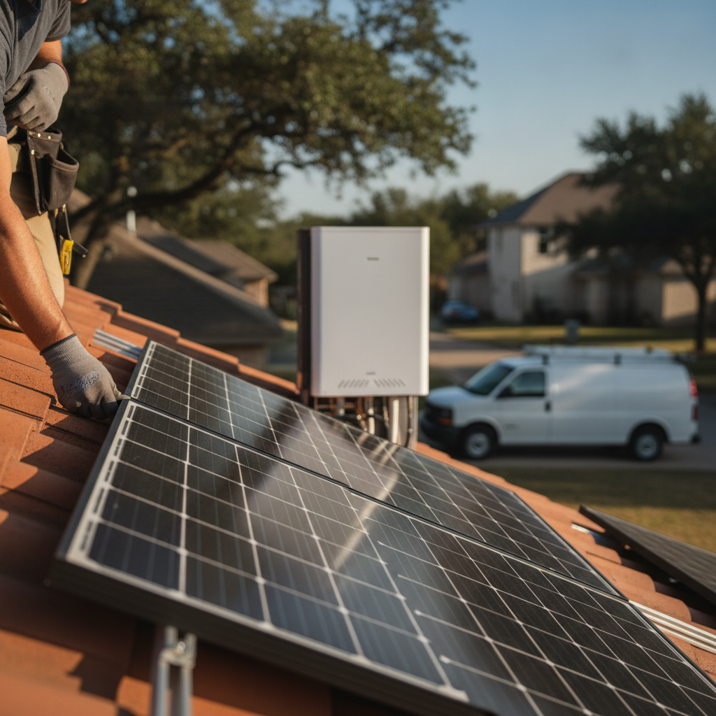 A professional technician installing a sleek home backup battery unit on the wall of an Austin garage next to the electrical panel.