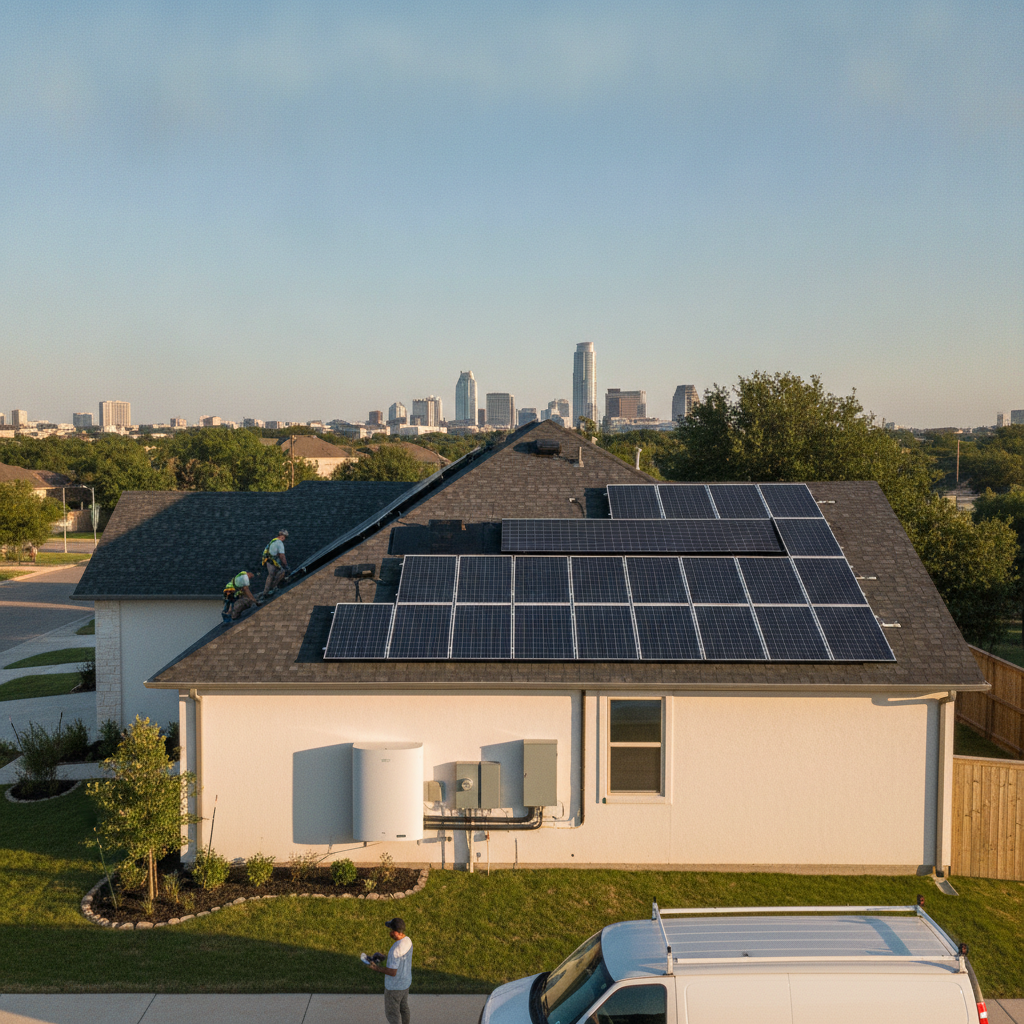 Professional solar installers mounting high-efficiency black solar panels on a residential roof in an Austin, TX neighborhood under a clear blue sky.