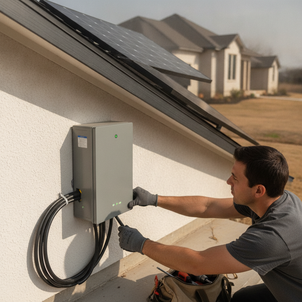 A modern home battery backup system mounted neatly on a garage wall next to a residential electrical panel.