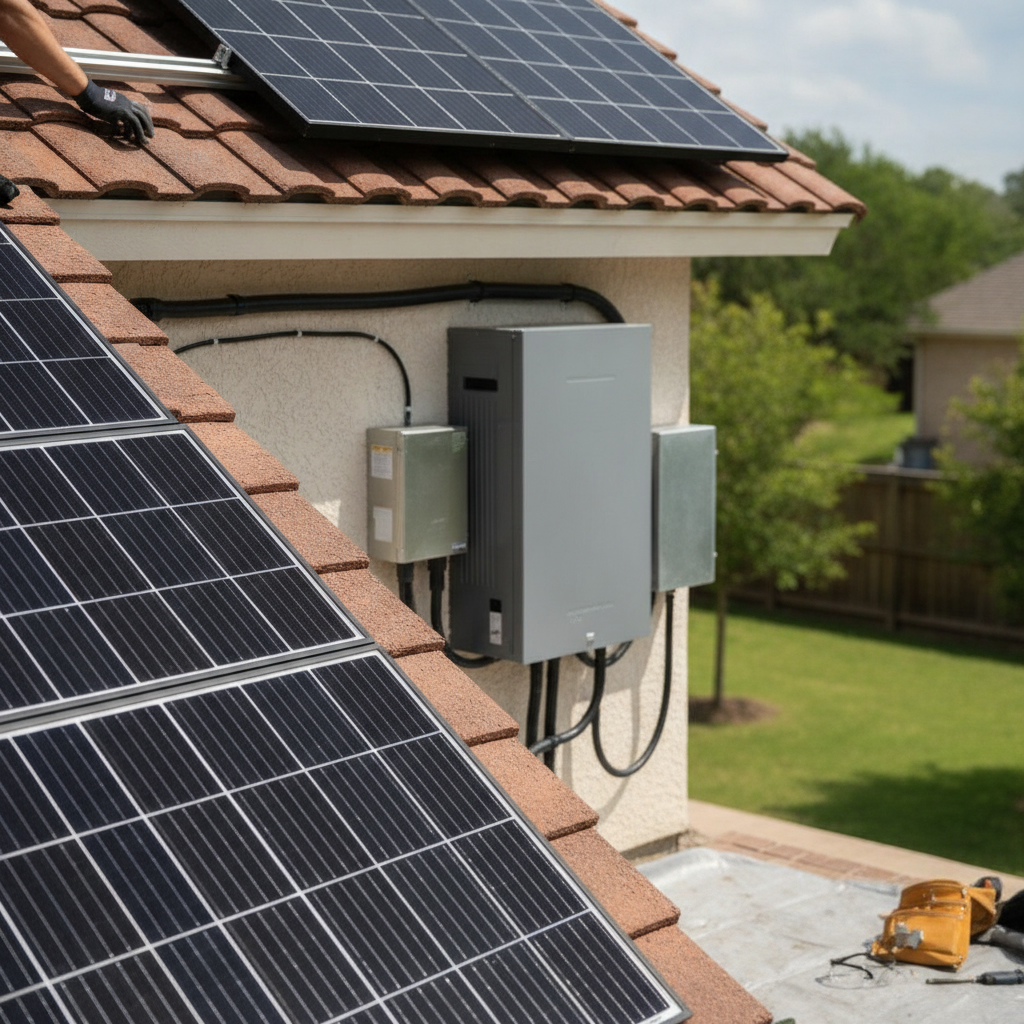 A clean, wall-mounted home battery storage system installed next to an electrical panel in an Austin garage.