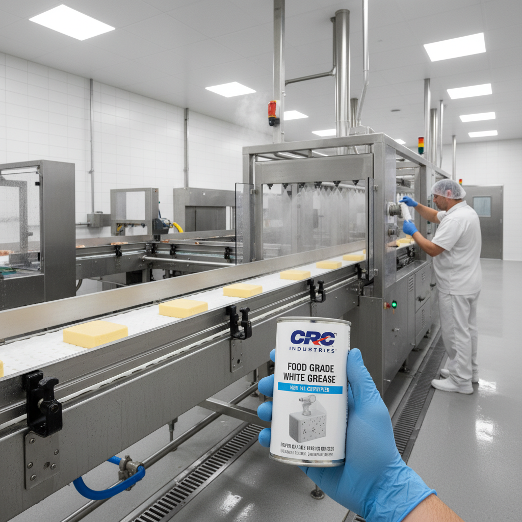 Wide shot of a modern, clean food processing facility conveyor belt system maintained with CRC grease, 16:9 aspect ratio