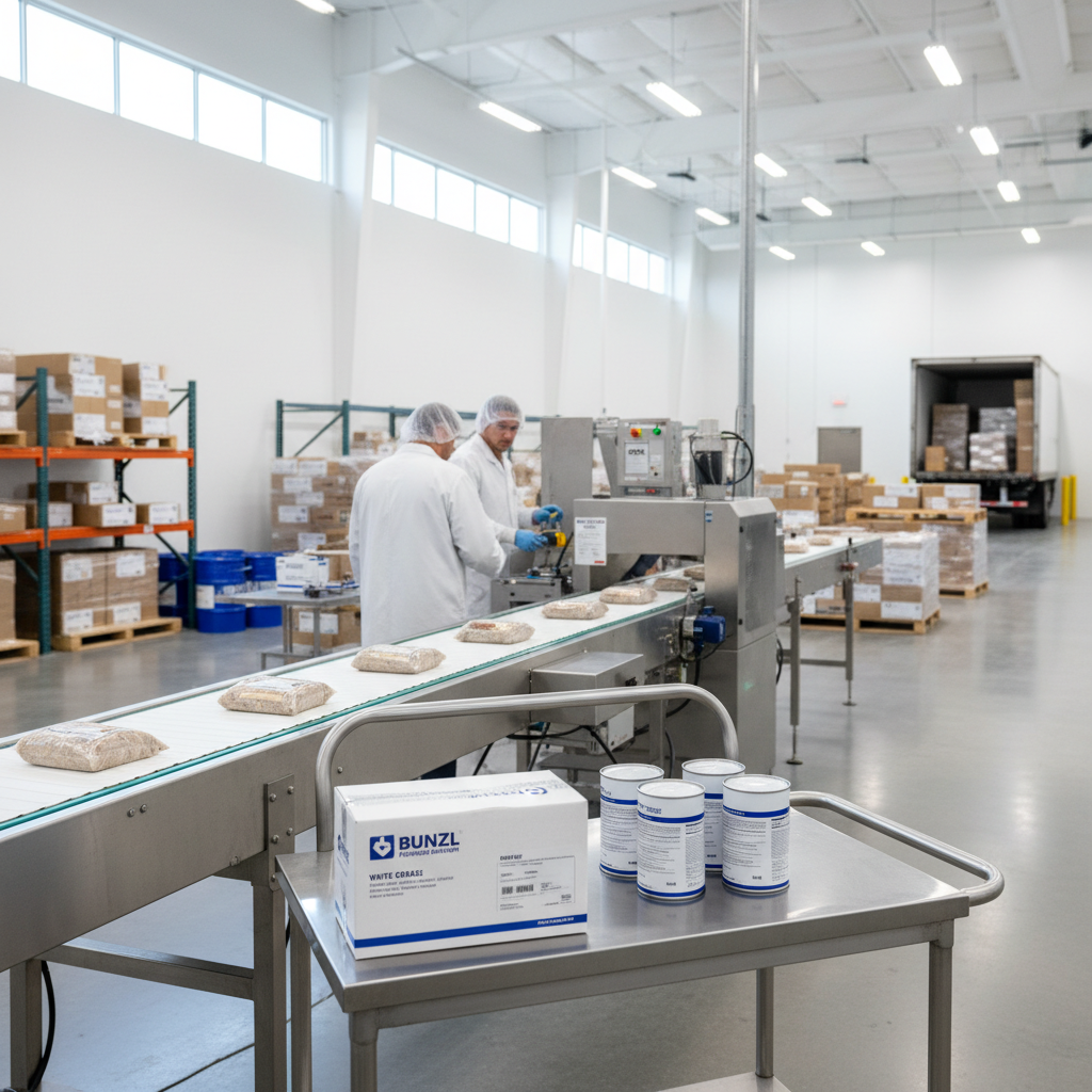 Industrial food processing facility warehouse shelves stocked with supplies