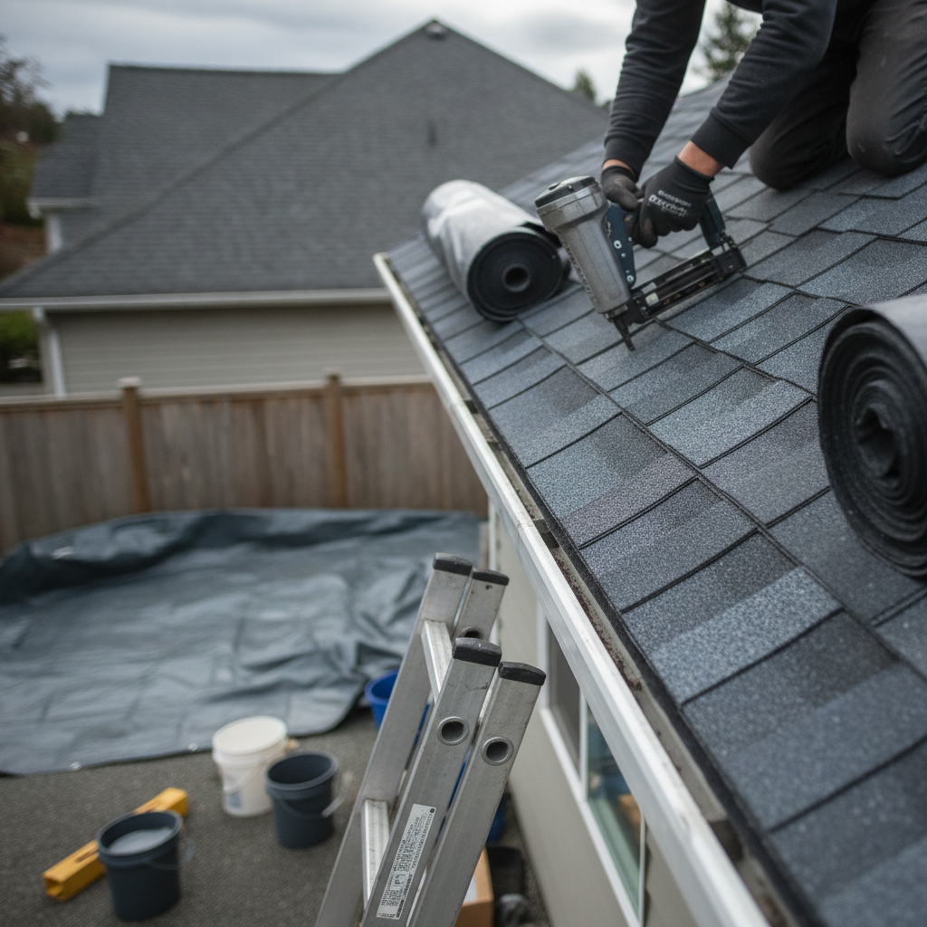 A close-up of a completed residential roof replacement in Vancouver, showing perfectly aligned dark grey architectural shingles and secure flashing around a chimney.