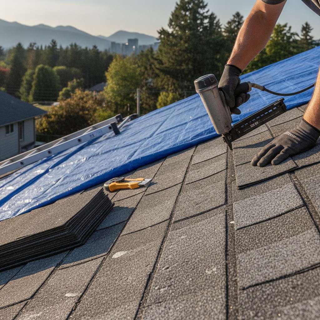 A close-up of a professional roofer carefully repairing damaged flashing and shingles around a chimney on a wet sloped residential roof in Vancouver, BC.