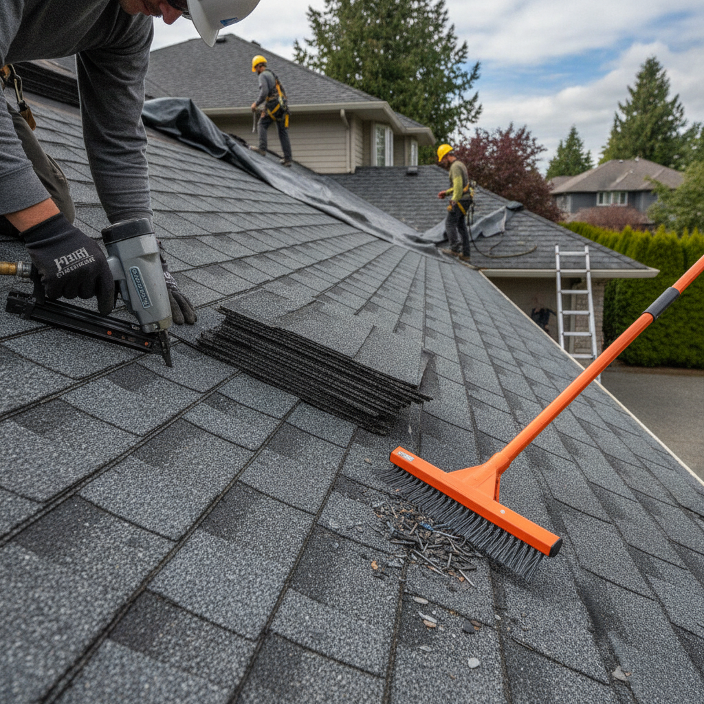 A close-up of a skilled roofing technician repairing flashing around a chimney on a wet Vancouver afternoon, ensuring a completely watertight seal.