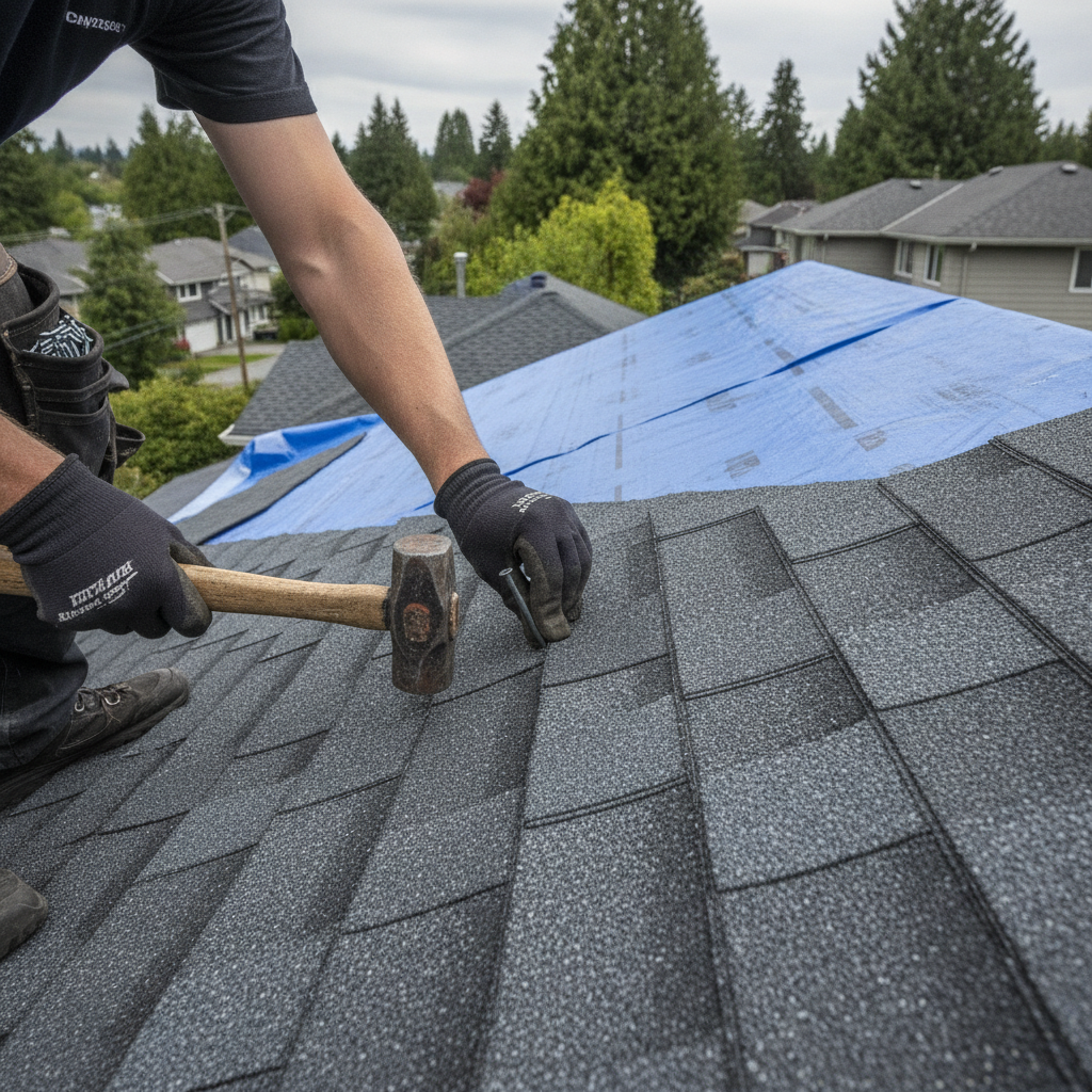 A close-up of a high-quality flat roof repair showing professional torch-on membrane application on a Vancouver home.