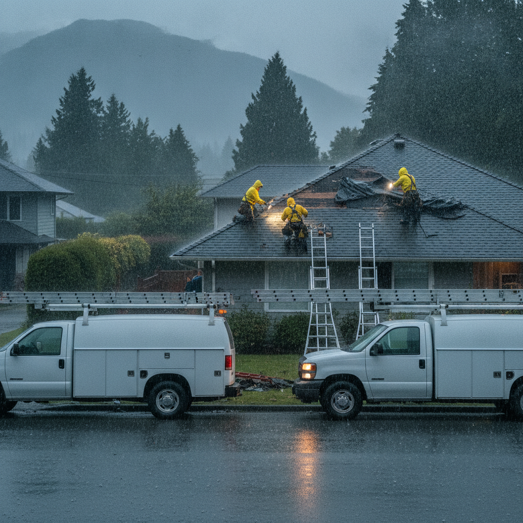 A professional roofing crew securing a heavy-duty blue emergency tarp over a damaged shingle roof on a home in Vancouver, BC during a rainstorm.