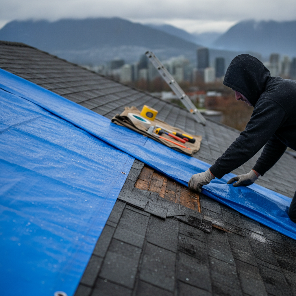 A licensed roofing technician inspecting a leaking roof valley on a Vancouver residential home, pointing out damaged flashing that requires urgent repair.