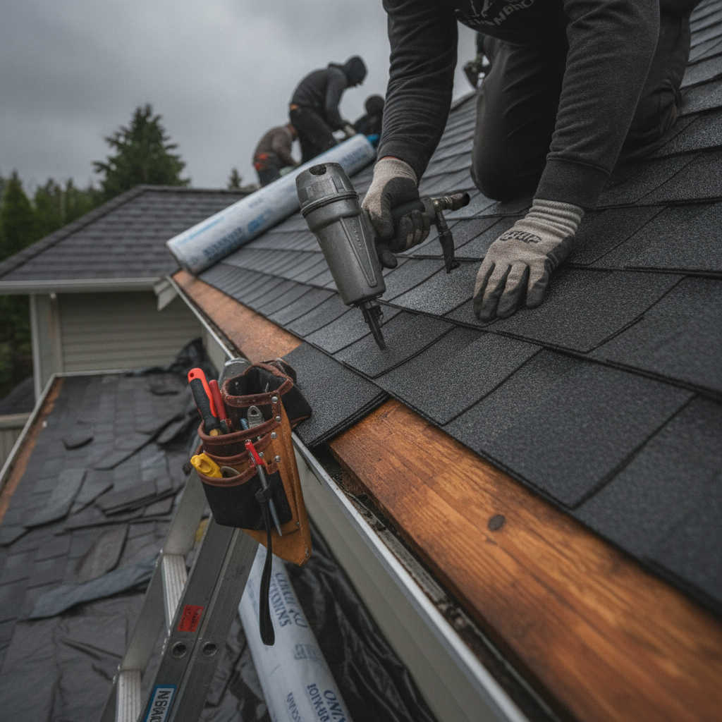 Close-up of a skilled roofer carefully sealing a leak around a chimney flashing on a wet residential roof during a rainy day in British Columbia.