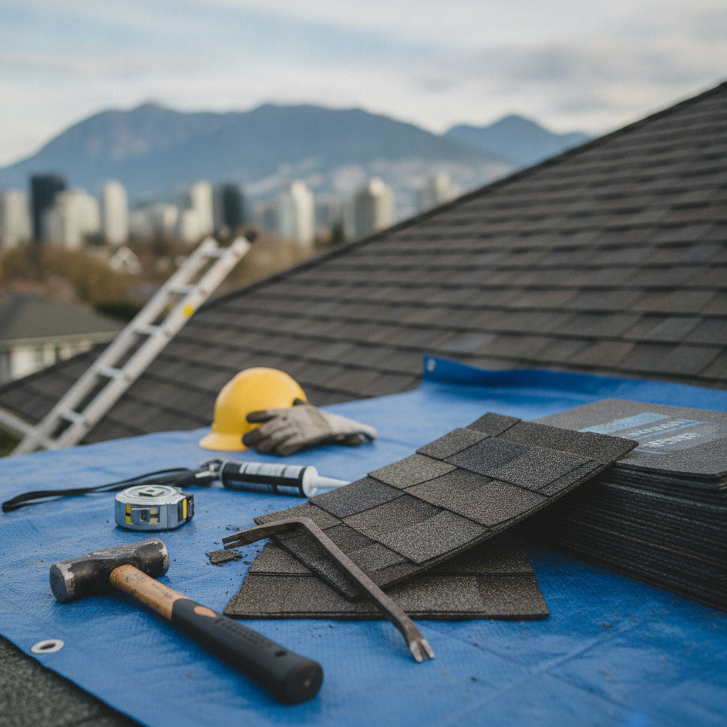 A licensed residential roofer carefully inspecting and repairing flashing around a chimney on a steep asphalt shingle roof in a Vancouver neighborhood.