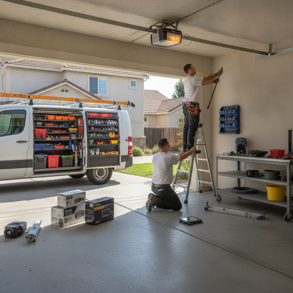 A professional technician repairing a Liftmaster garage door opener motor unit mounted on the ceiling of a residential garage in Sacramento, CA.