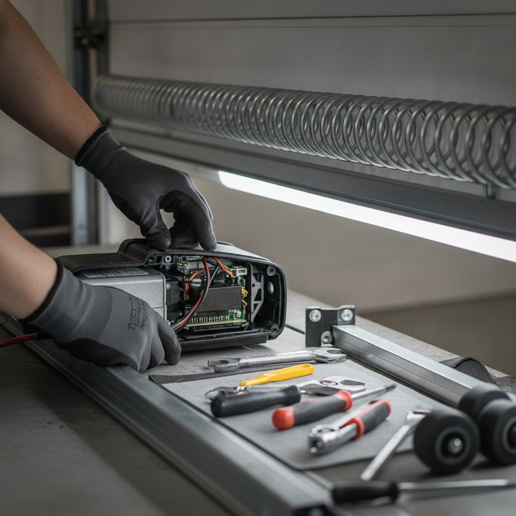 A close-up of a technician adjusting the safety sensors and drive chain of an automatic garage door opener system.