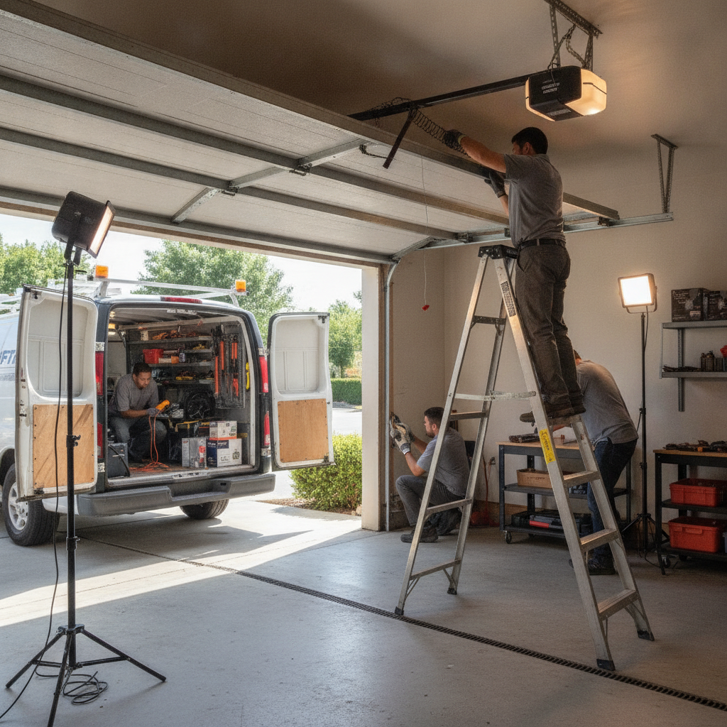 A professional garage door technician replacing a broken torsion spring on a residential garage door in a Sacramento garage.