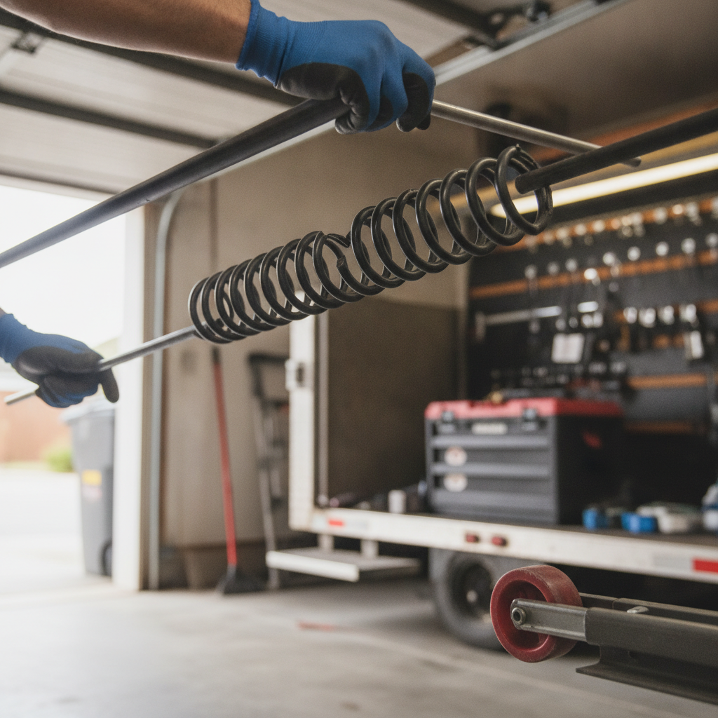 A service van parked in front of a Sacramento home with a technician repairing a garage door opener motor.