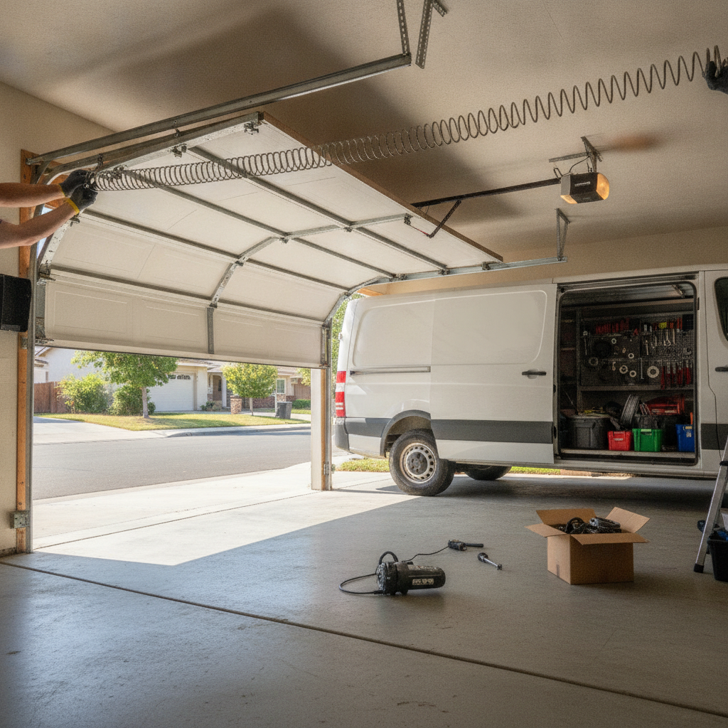A professional garage door technician in a service uniform replacing a broken torsion spring on a residential garage door in Sacramento, CA.