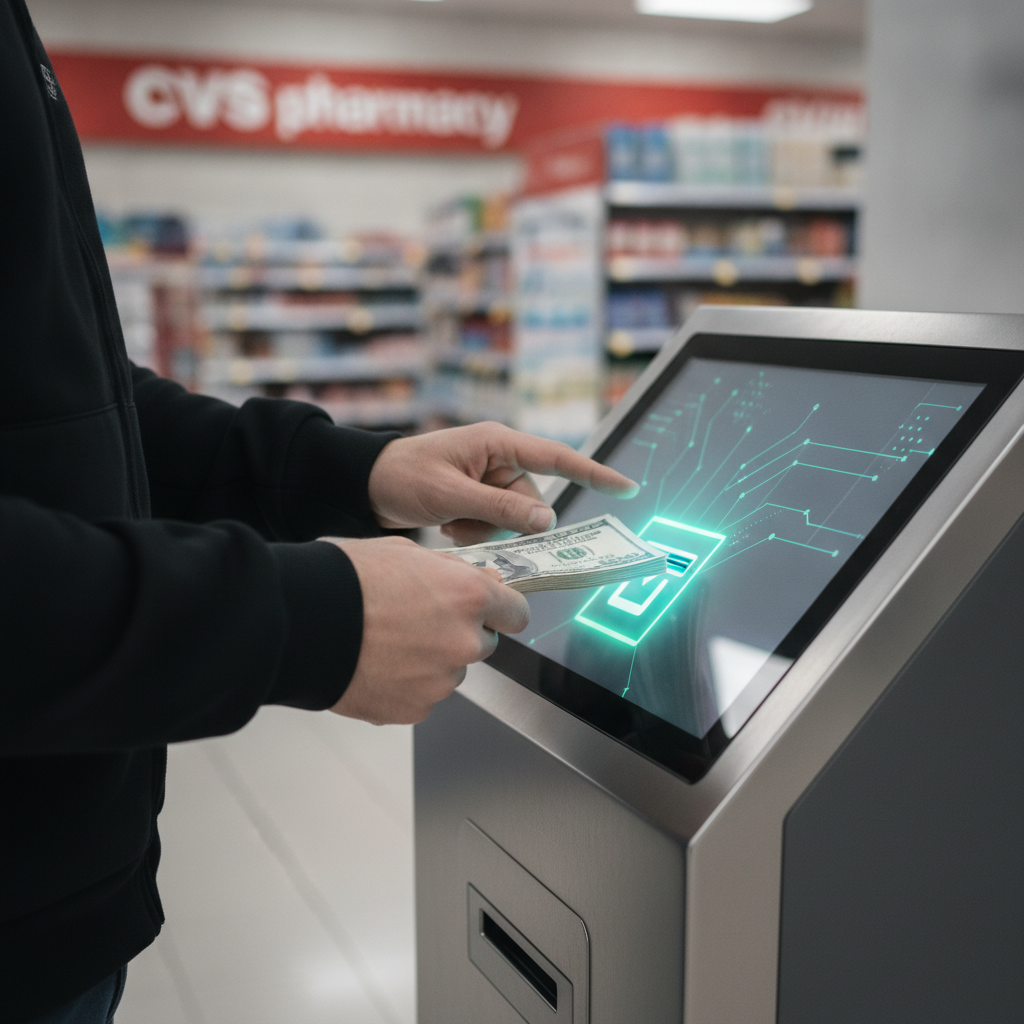 A smartphone displaying a secure crypto deposit barcode inside a clean retail pharmacy setting in San Francisco.