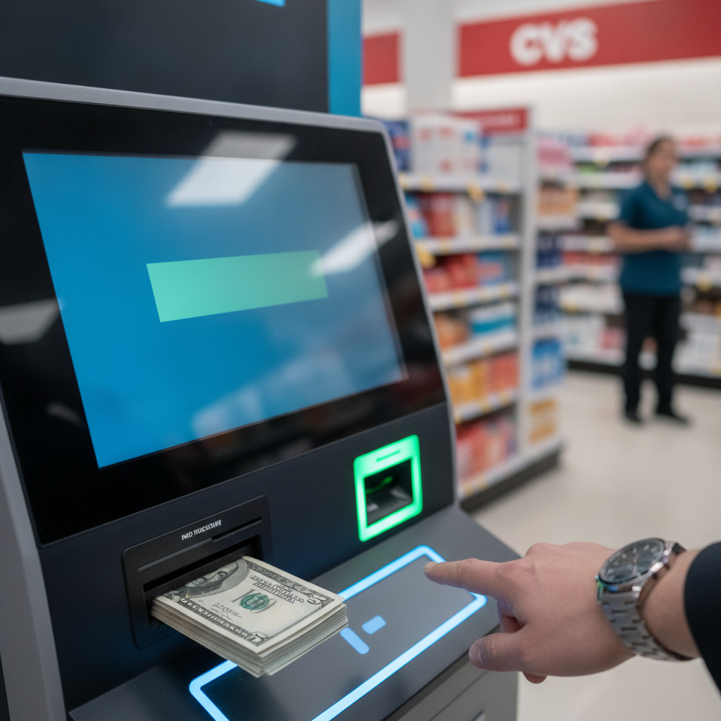 A close-up of a mobile phone screen displaying the CDReload by Crypto Dispensers San Francisco barcode interface next to US dollar bills on a secure counter.