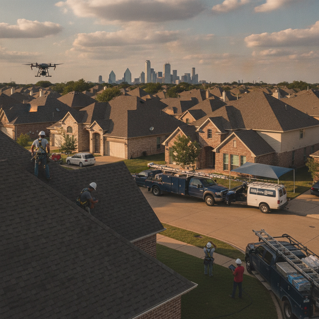 A professional roofing crew installing new architectural shingles on a suburban home in Dallas, TX, with a clean and organized work site.