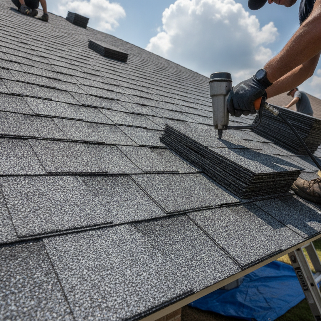 Close-up of a high-quality, newly replaced asphalt shingle roof on a Dallas home, showing precise flashing and clean ridge vents.