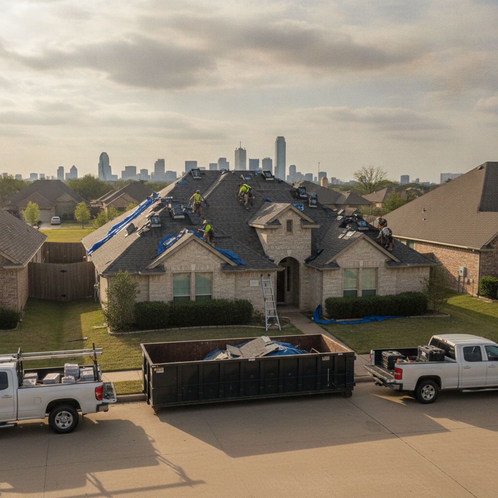 A professional roofing contractor installing a heavy-duty blue emergency tarp on a storm-damaged residential roof in a Dallas, TX neighborhood.