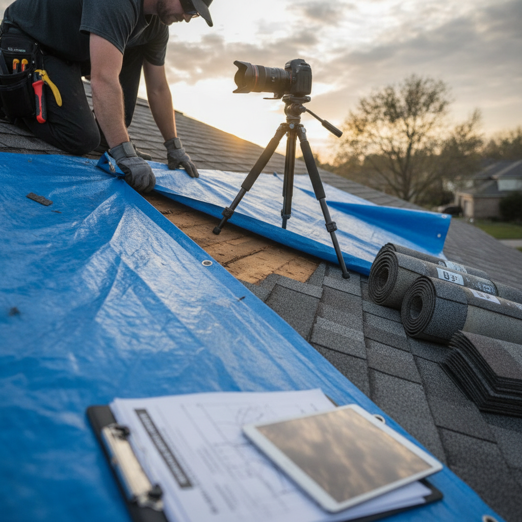 A close-up of a professional roofer inspecting hail damage on asphalt shingles on a home in Dallas, TX.