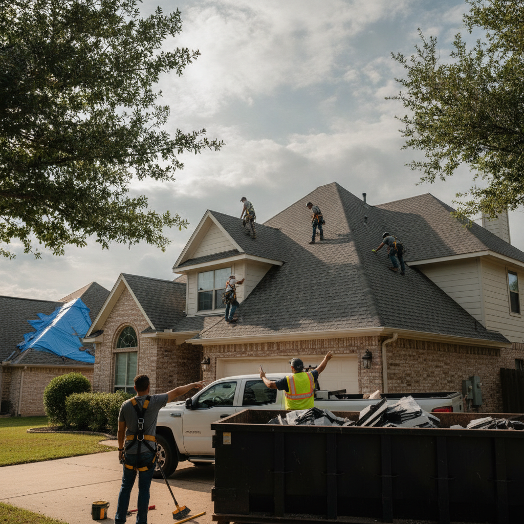 A professional roofing crew installing new architectural shingles on a suburban home in Dallas, Texas, with a clean and organized work site.