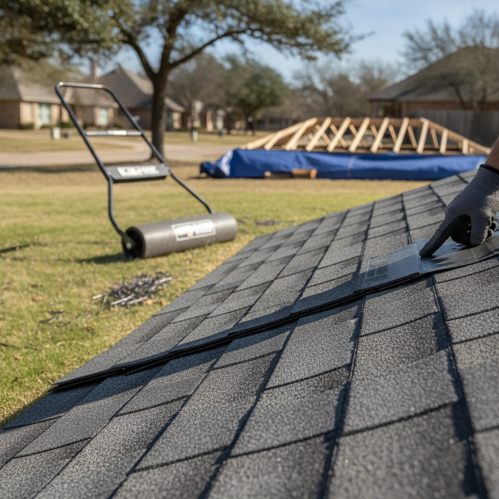 A close-up of a licensed roofing contractor inspecting hail damage on a residential roof shingle in Dallas, TX.
