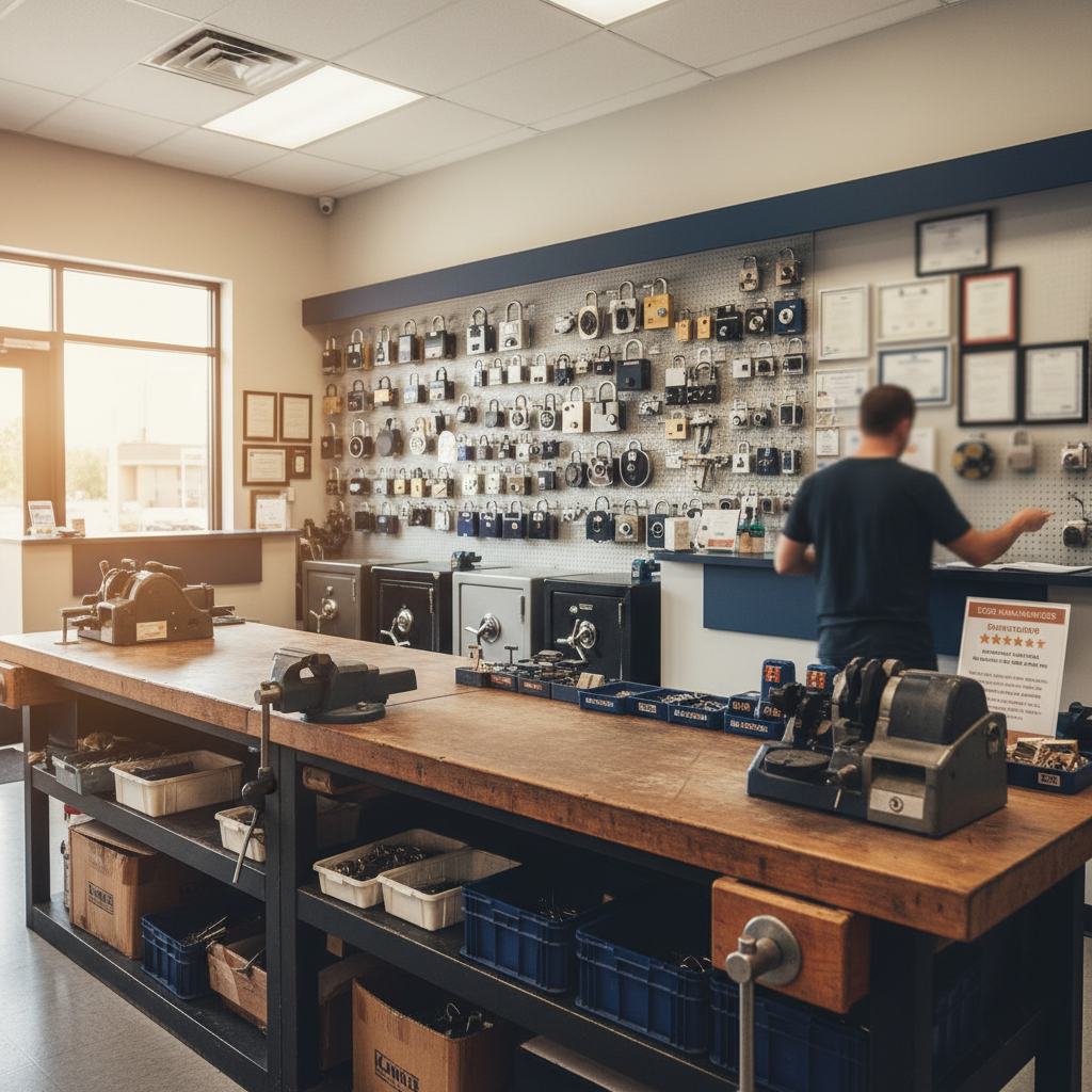 Professional locksmith technician from Dewind Lock & Safe working on a commercial door lock