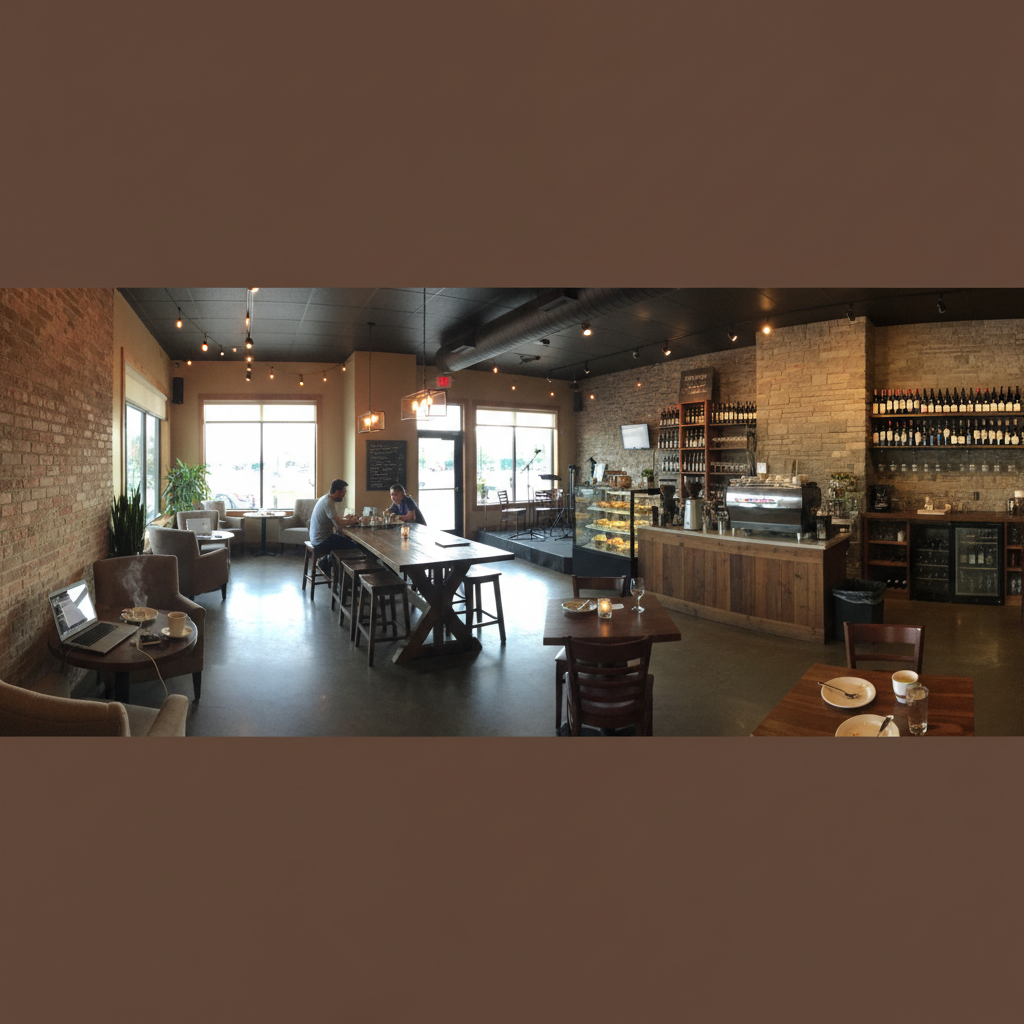Interior of Downtown Coffee and Wine Company showing cozy seating and coffee bar