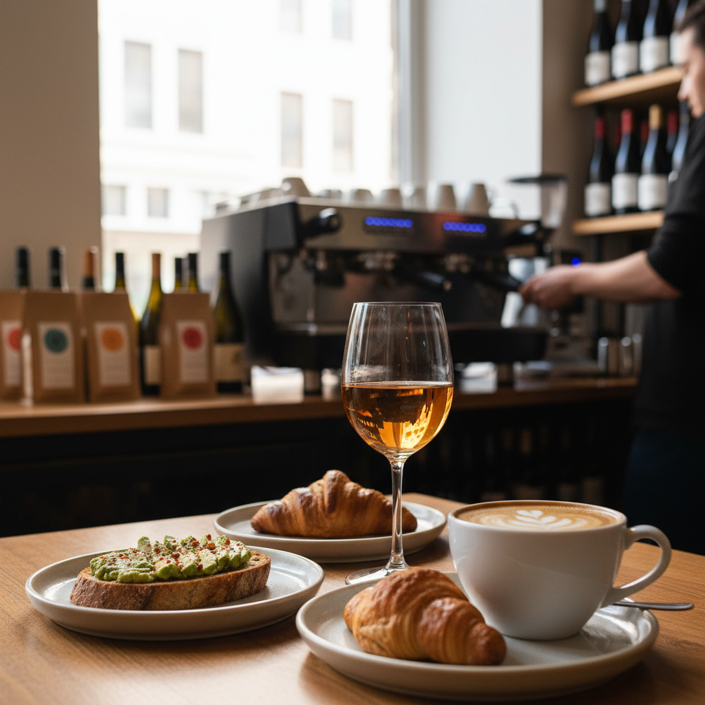 Close up of artisan coffee and wine glass on a table